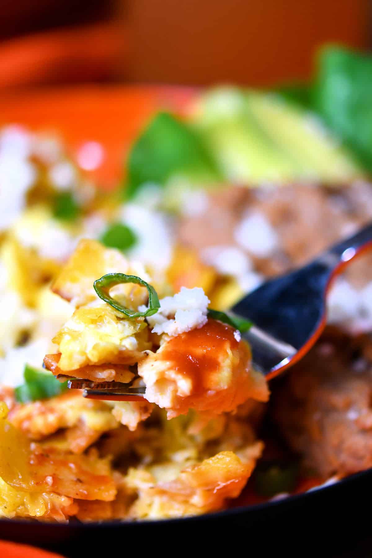 close up of Mexican Migas scrambled eggs on a fork