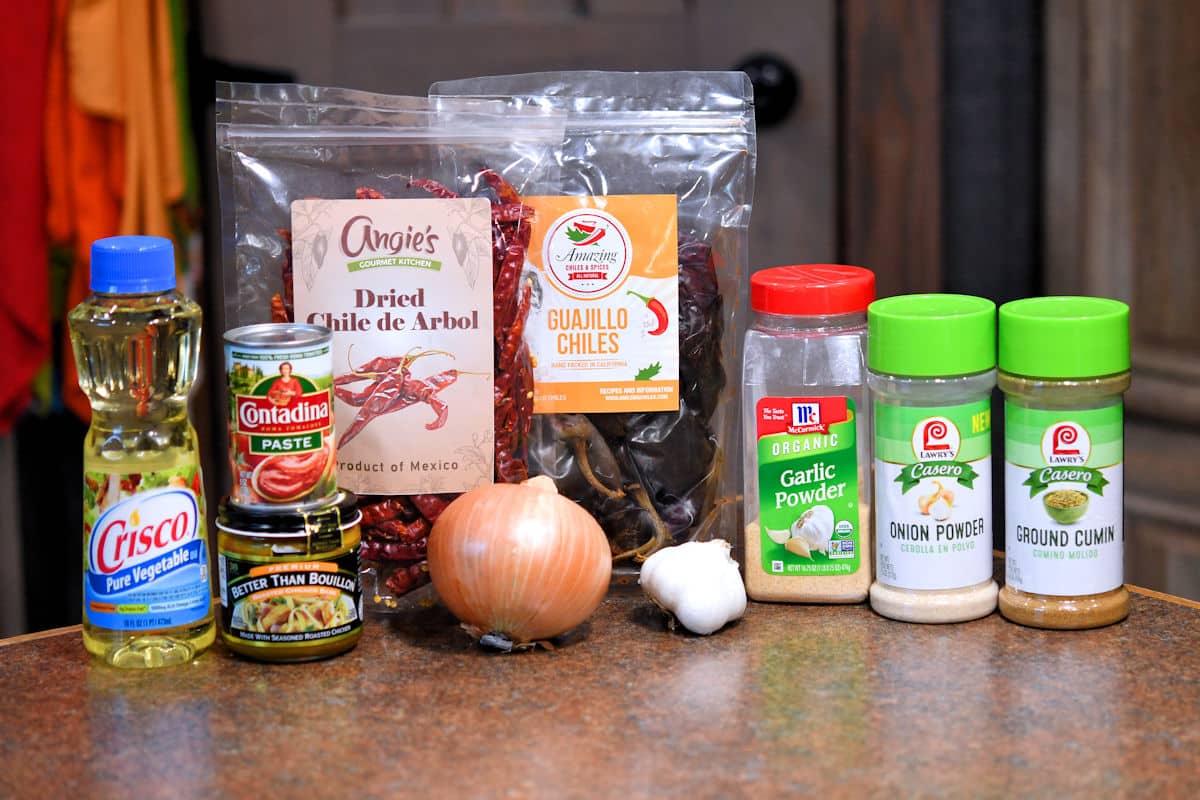 ingredients for guajillo chile sauce on a countertop