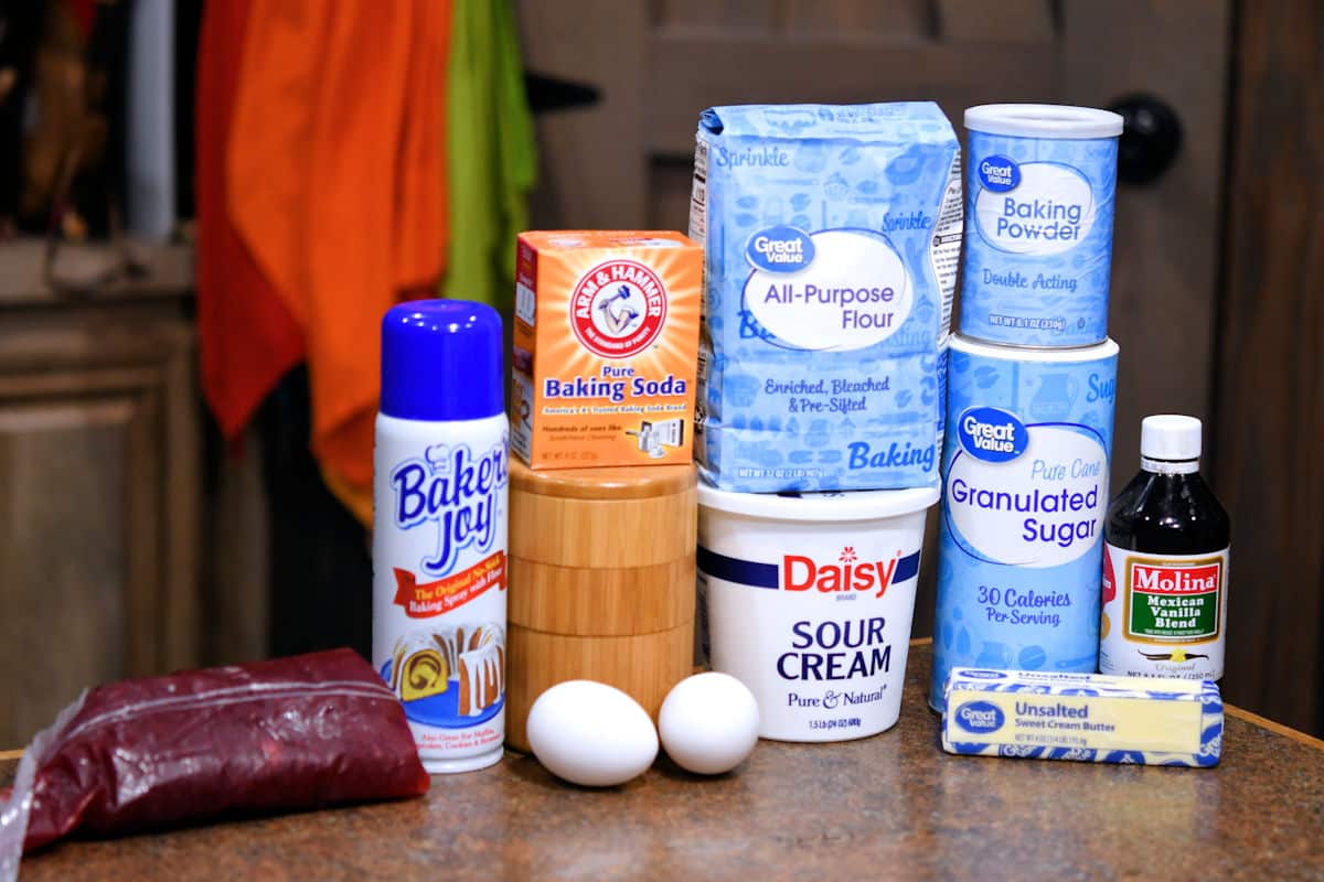 ingredients for raspberry bundt cake on a countertop