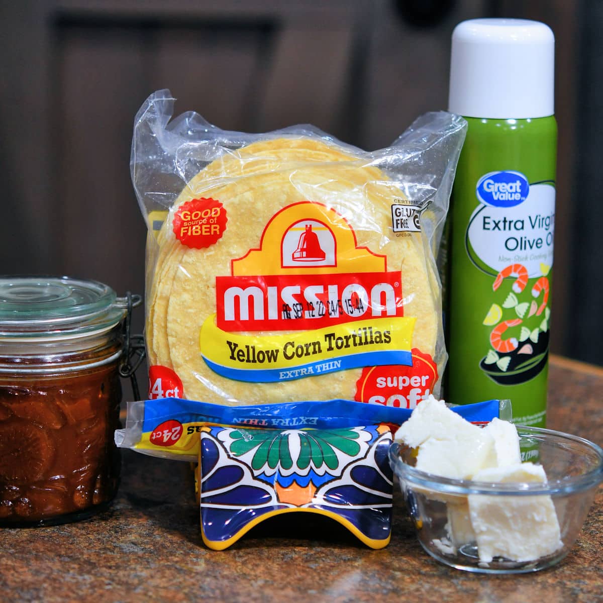 ingredients for chilaquiles rojos on a countertop