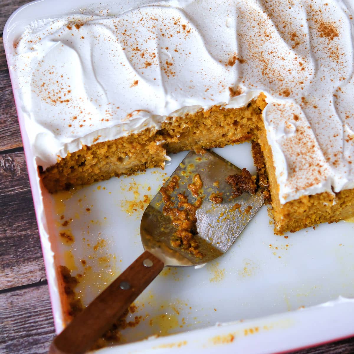 closeup of tres leches cake in square pan