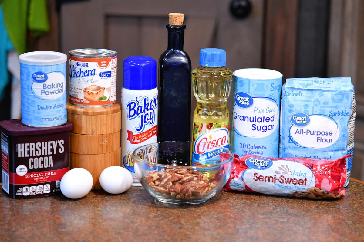 ingredients for dark chocolate brownies on a countertop