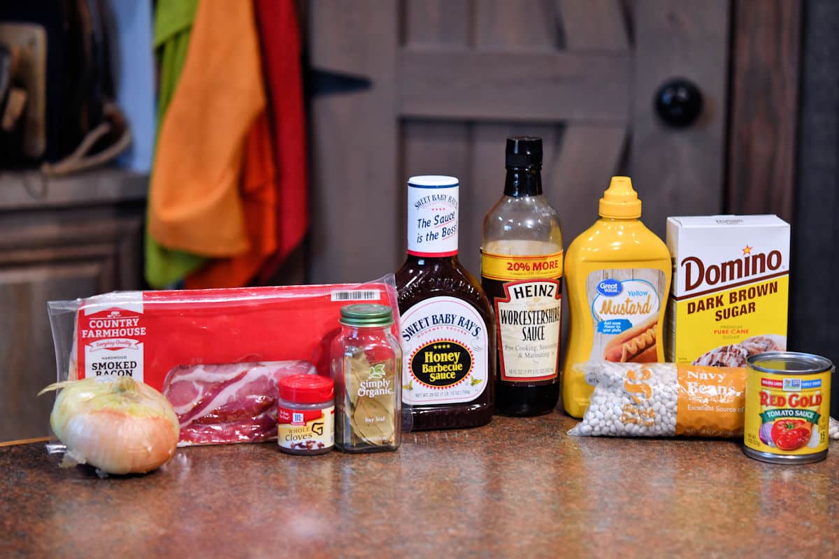 ingredients for baked beans from scratch on a countertop