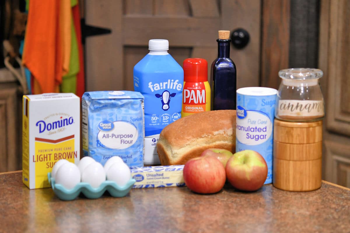 ingredients for apple cinnamon French toast bake on a counter