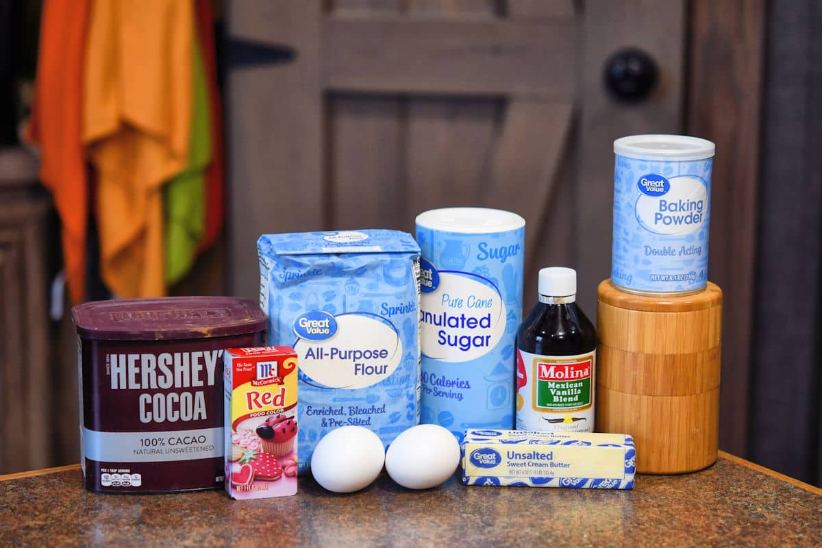 ingredients for red velvet brownies on a countertop