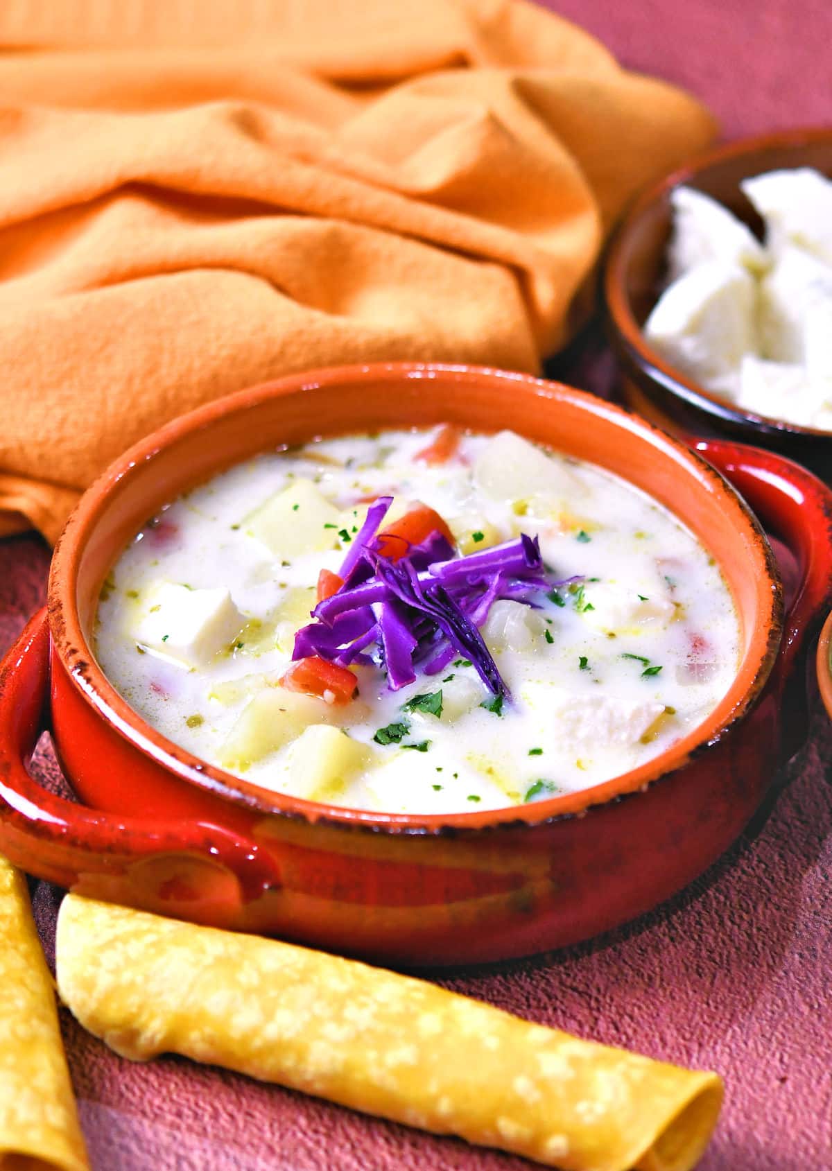 red ceramic bowl with Instant Pot Caldo de Queso Potato and Cheese Soup