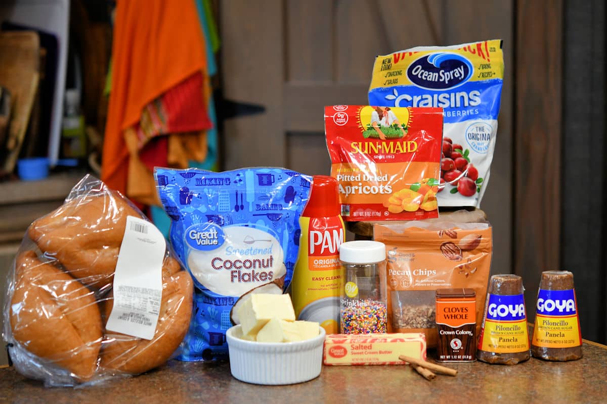 ingredients for Mexican capirotada on a countertop