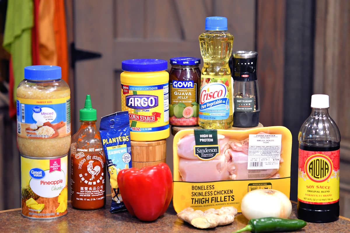 ingredients for pineapple cashew chicken on a countertop