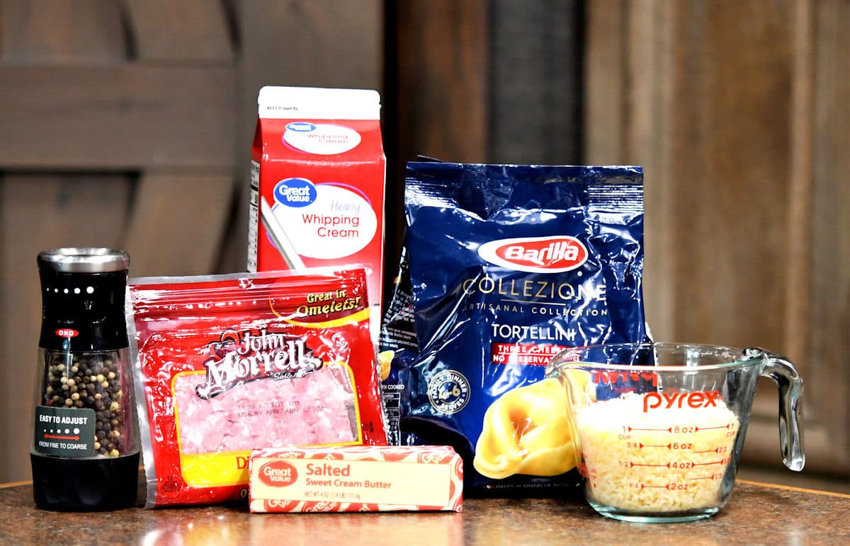 ingredients for tortellini alla panna on a countertop