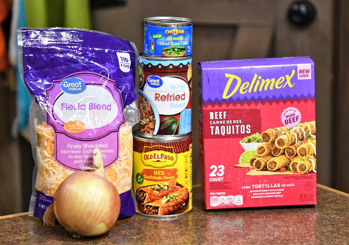 Ingredients for Taquitos Casserole Enchiladas on a countertop