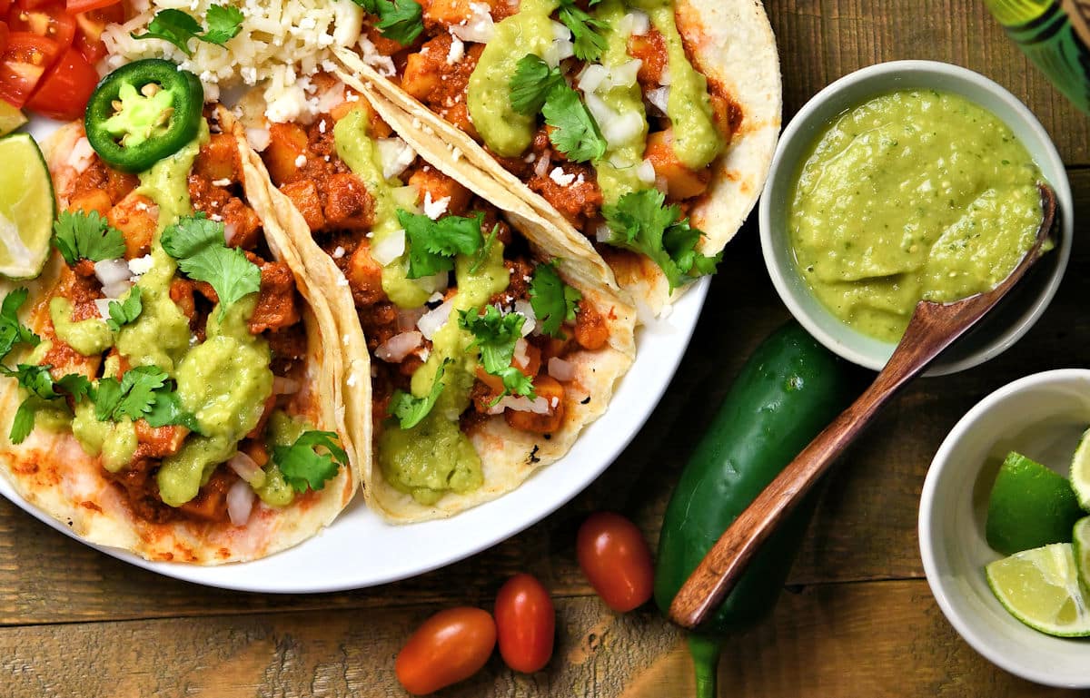 chorizo potato tacos with avocado guacamole sauce