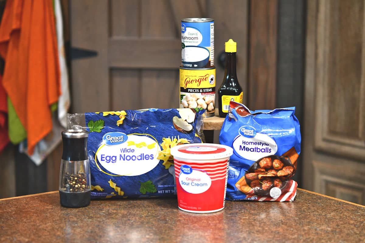 ingredients for meatballs stroganoff on a countertop