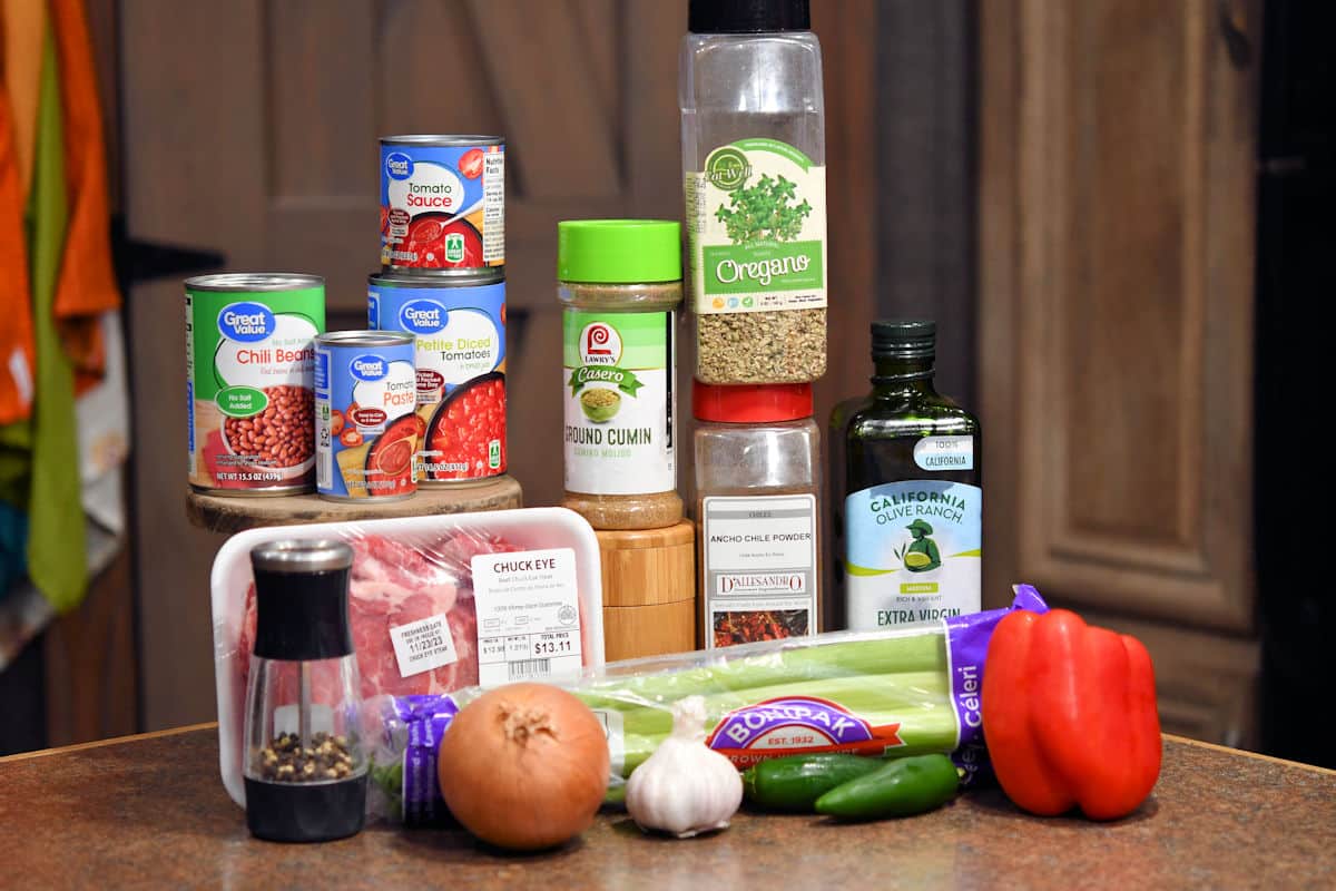 ingredients for steak chili on a countertop