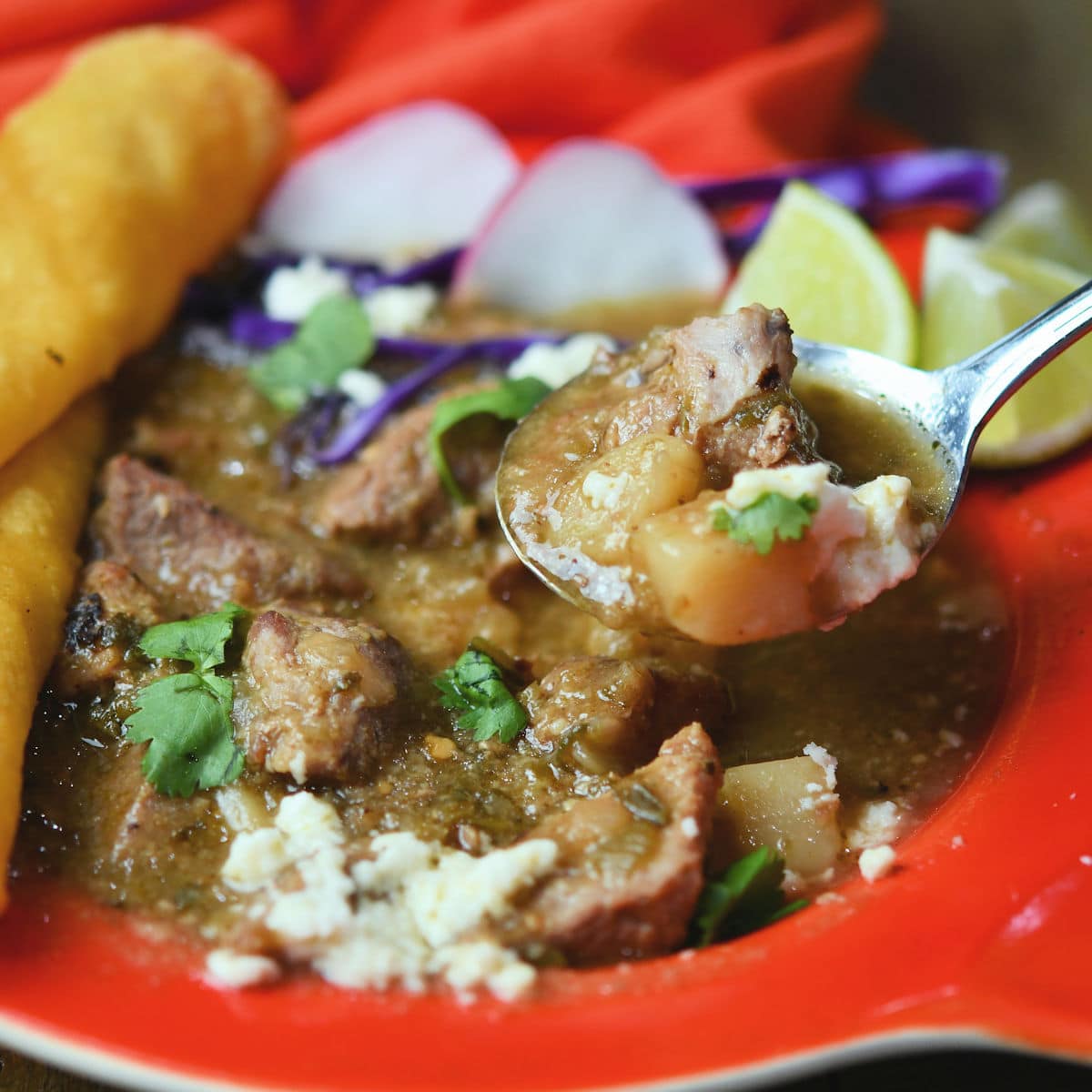 spoonful of pork chile verde Mexican pork guiso from 24Bite