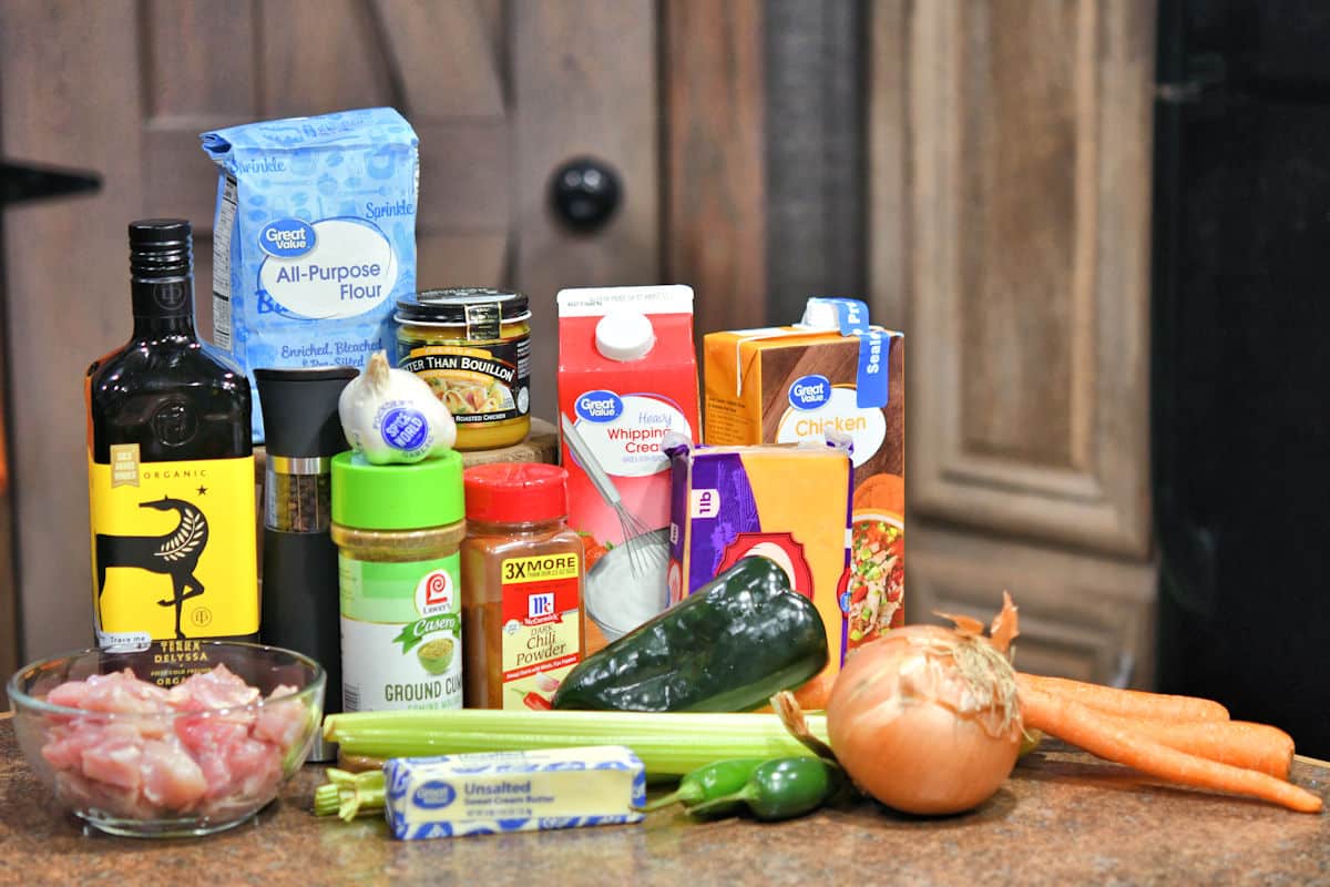 chicken poblano stew ingredients on a countertop.