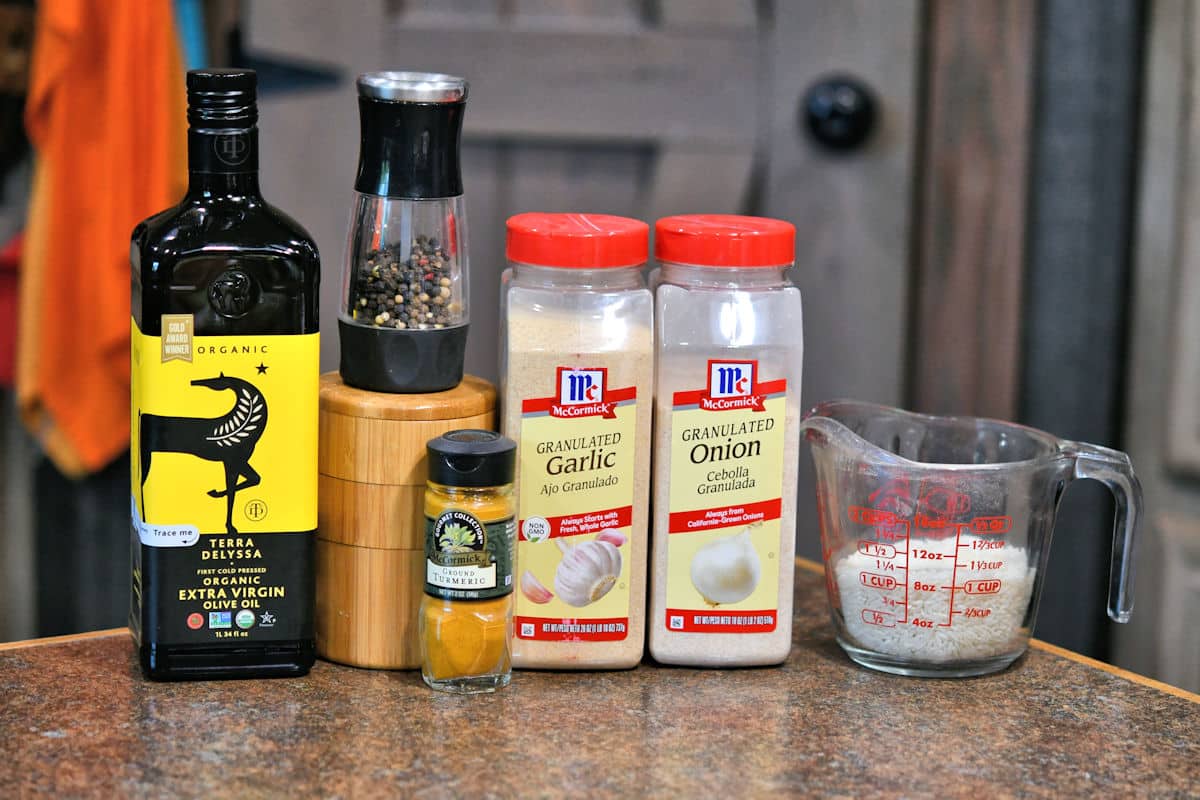 ingredients for Mexican yellow rice on a countertop