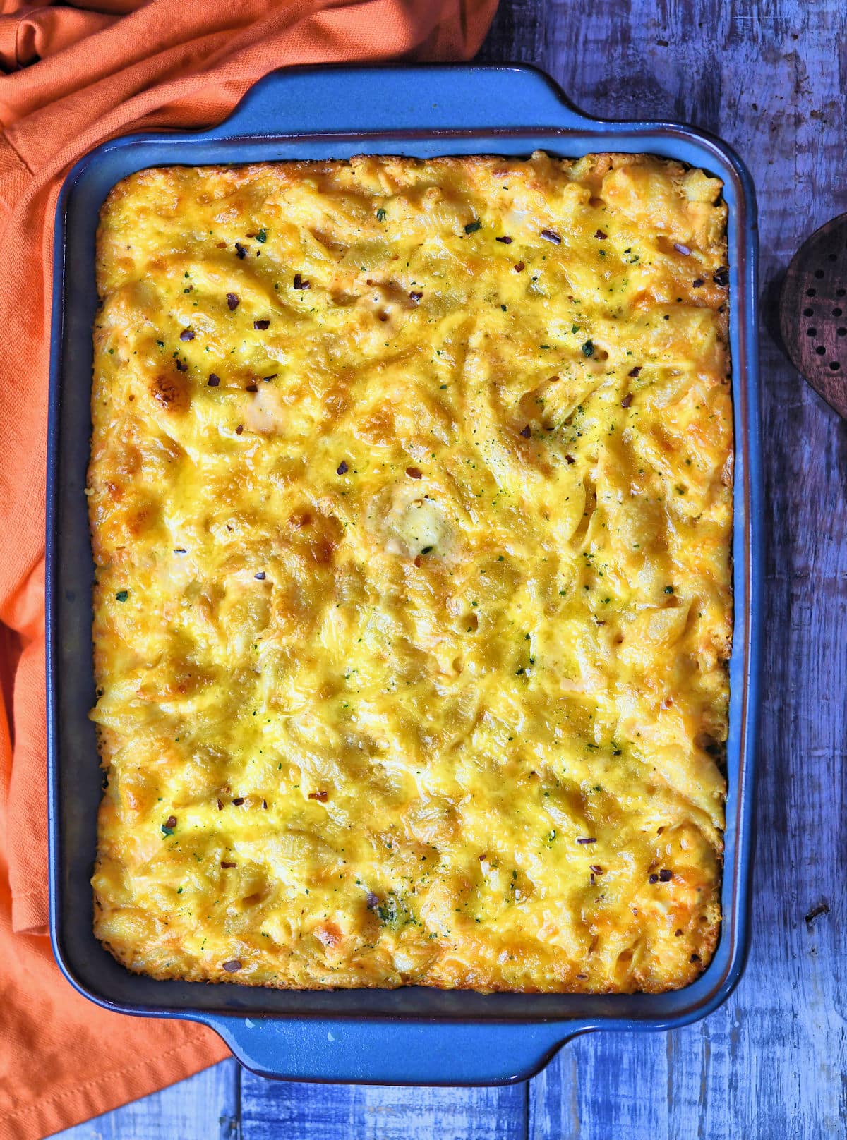 Baked Macaroni and Cheese recipe by Christian  in a blue ceramic baking dish