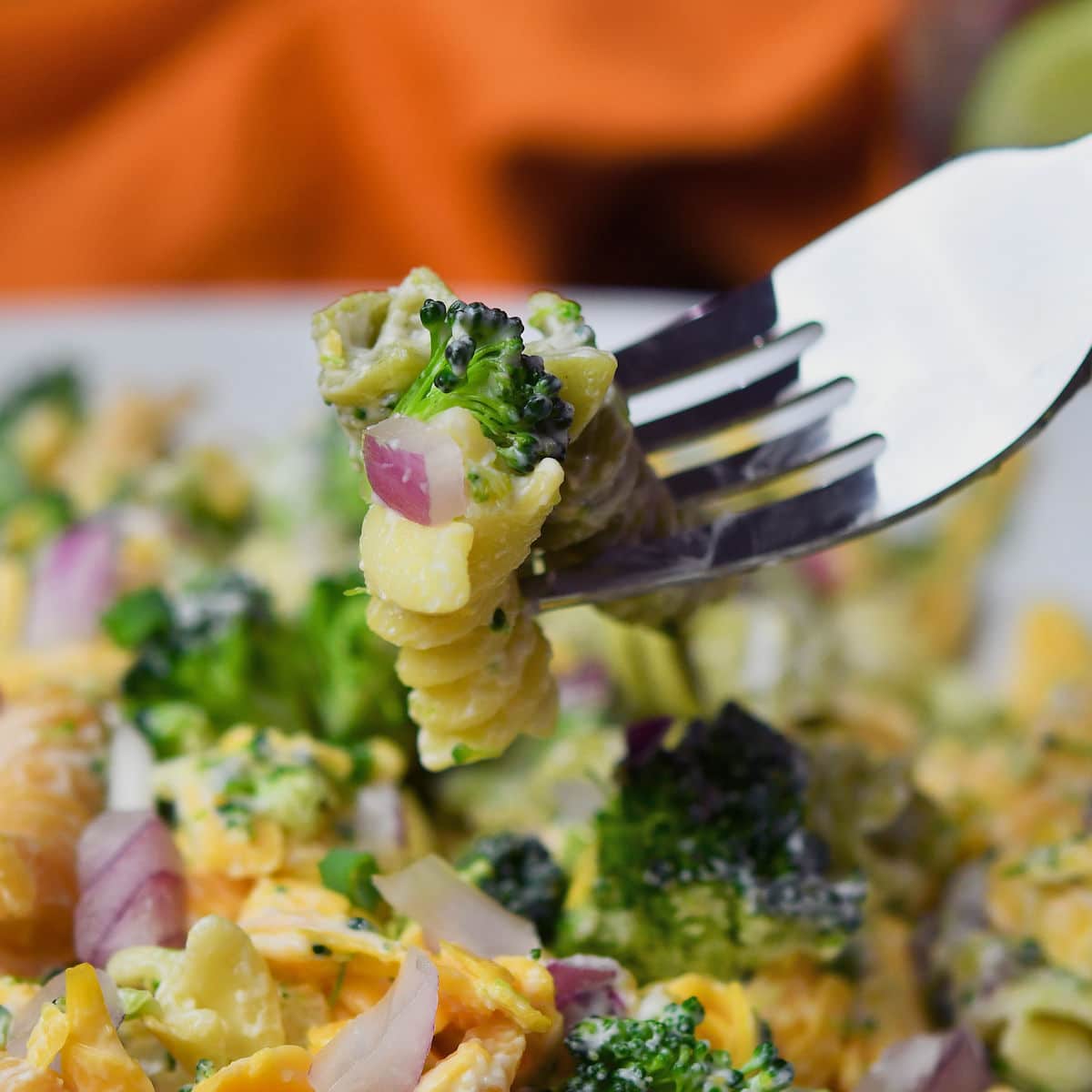 closeup of fork bite of broccoli cheddar pasta salad