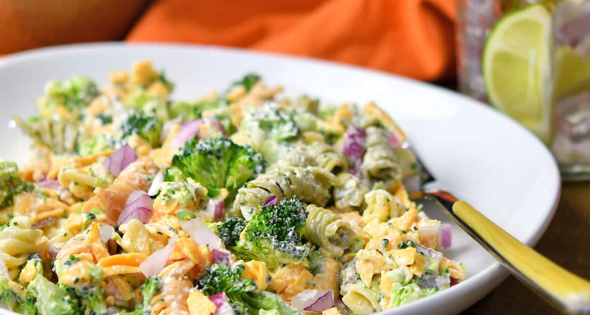 Broccoli Cheddar Pasta Salad Walmart Copycat on a white ceramic plate