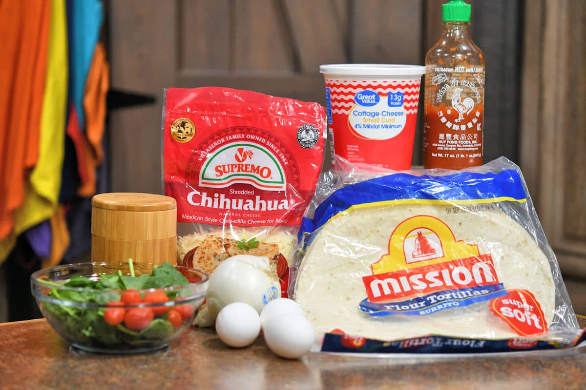 ingredients for tortilla quiche bake on a countertop