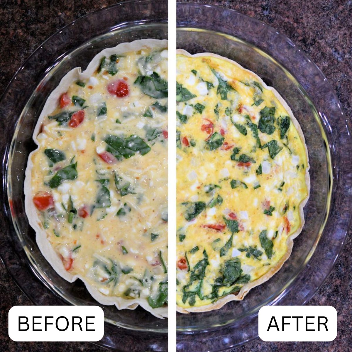 collage showing the difference between baked and unbaked pizza quiche 