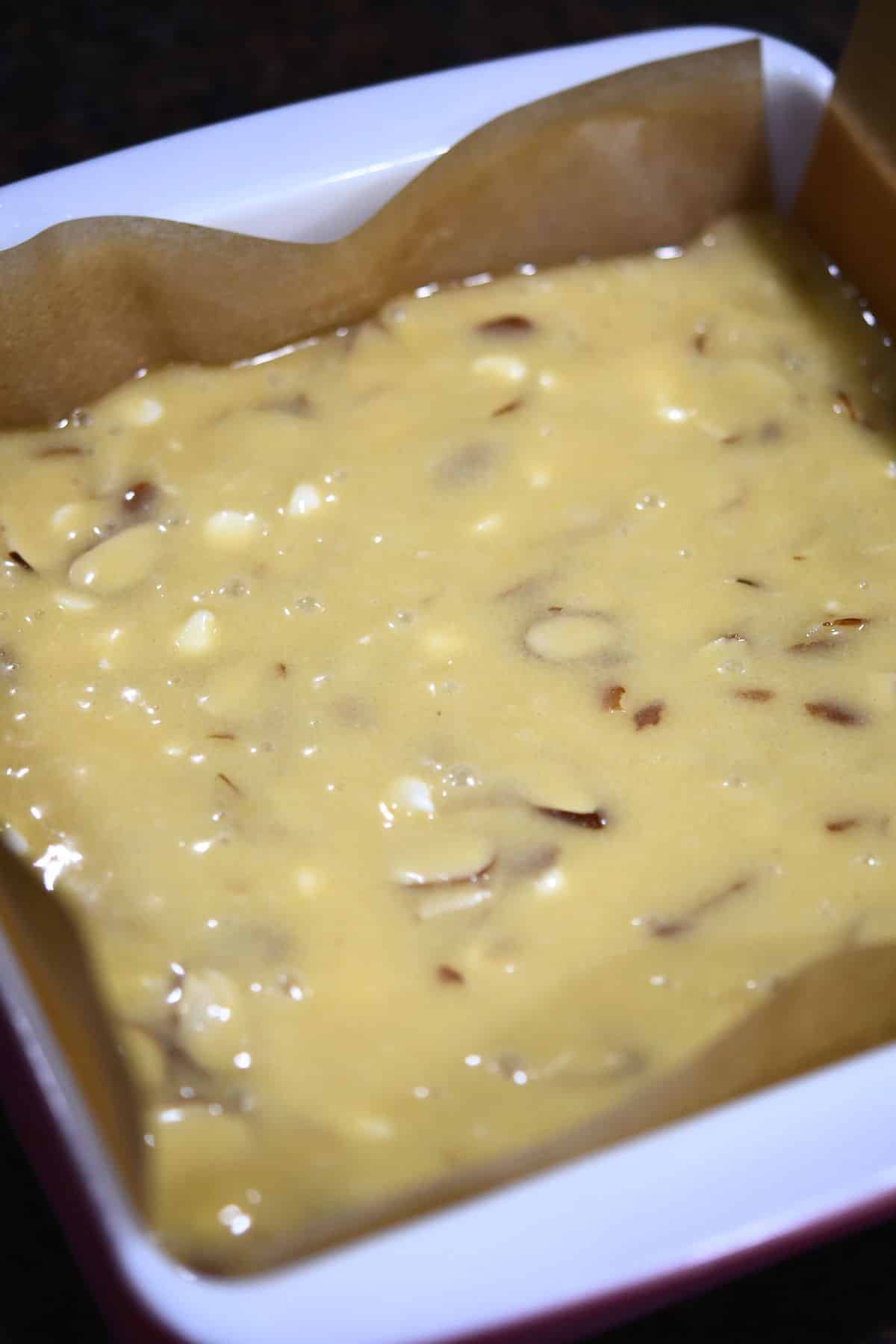 pour batter into parchment paper lined baking dish for easier serving.