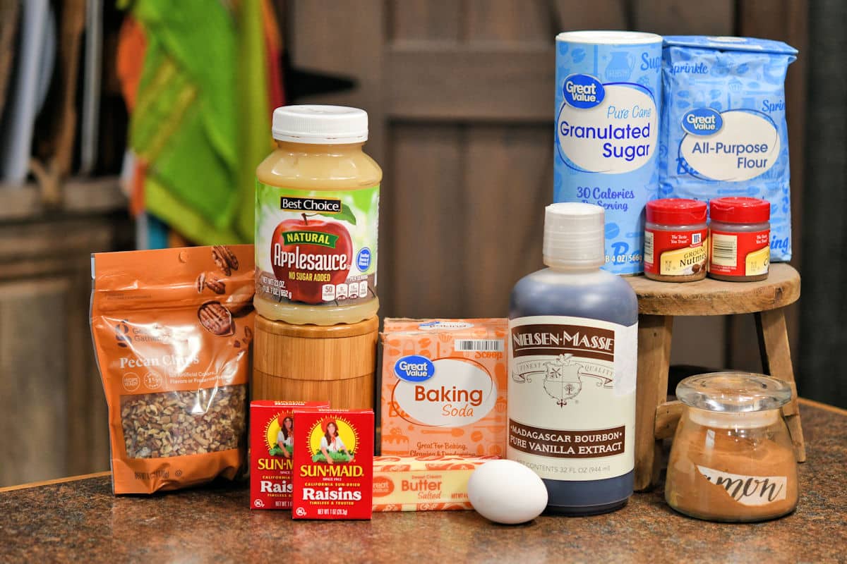 primary ingredients for applesauce cookies on a countertop