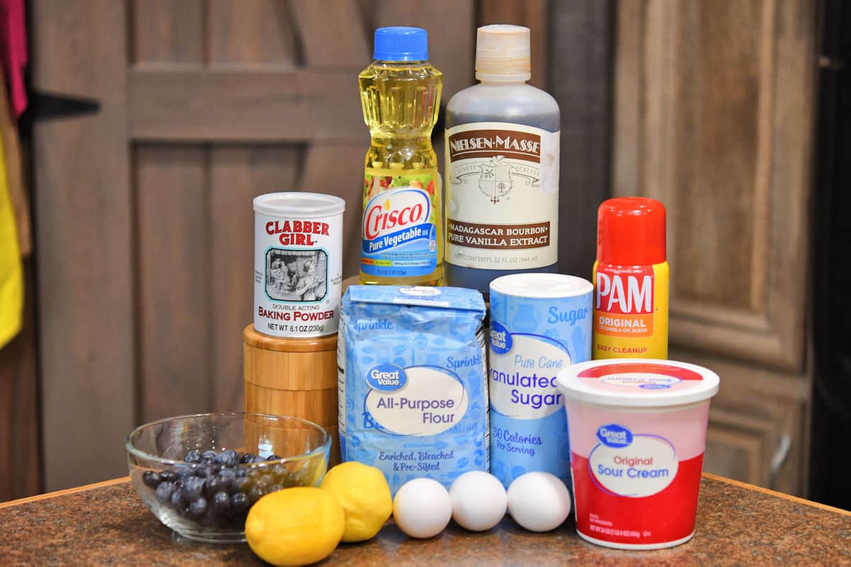 ingredients for fresh blueberry bread on a countertop