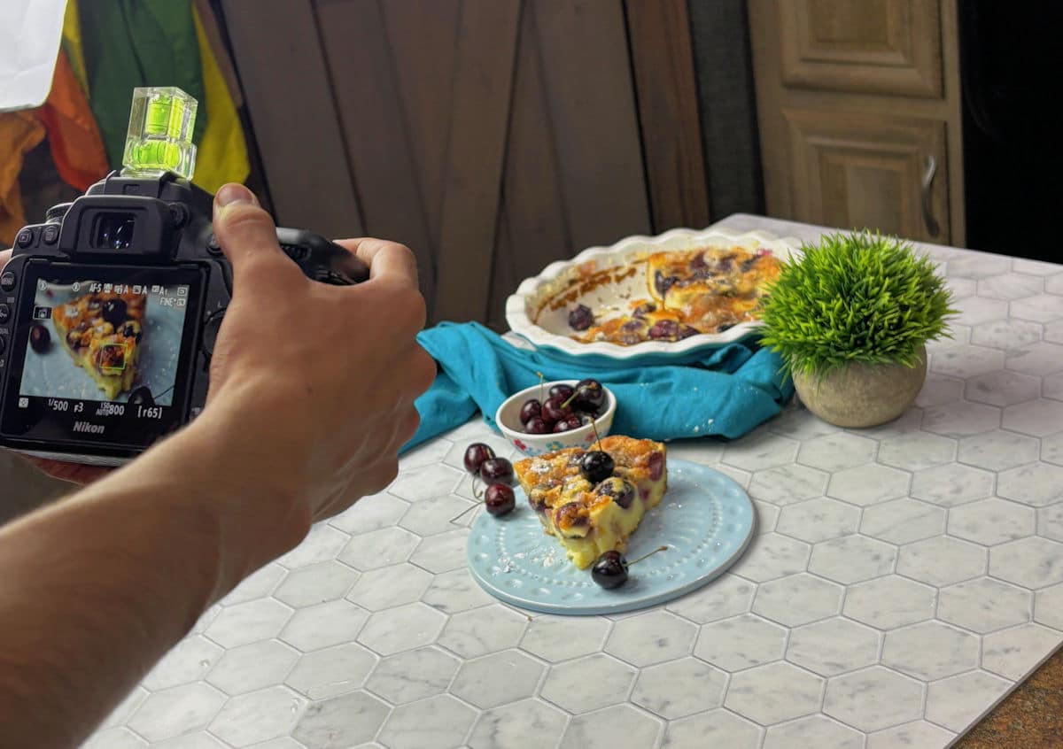 behind the scenes of photo shoot for clafoutis recipe