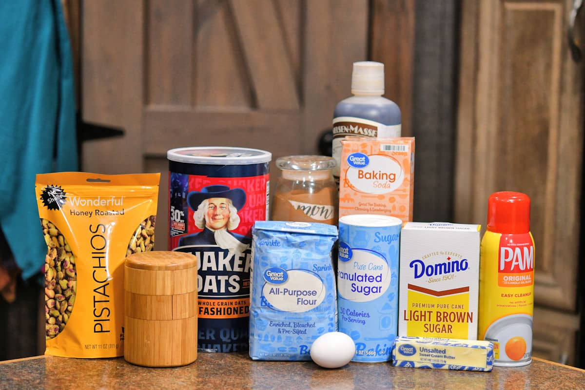 ingredients for Oatmeal Honey Pistachio Cookies on a countertop.