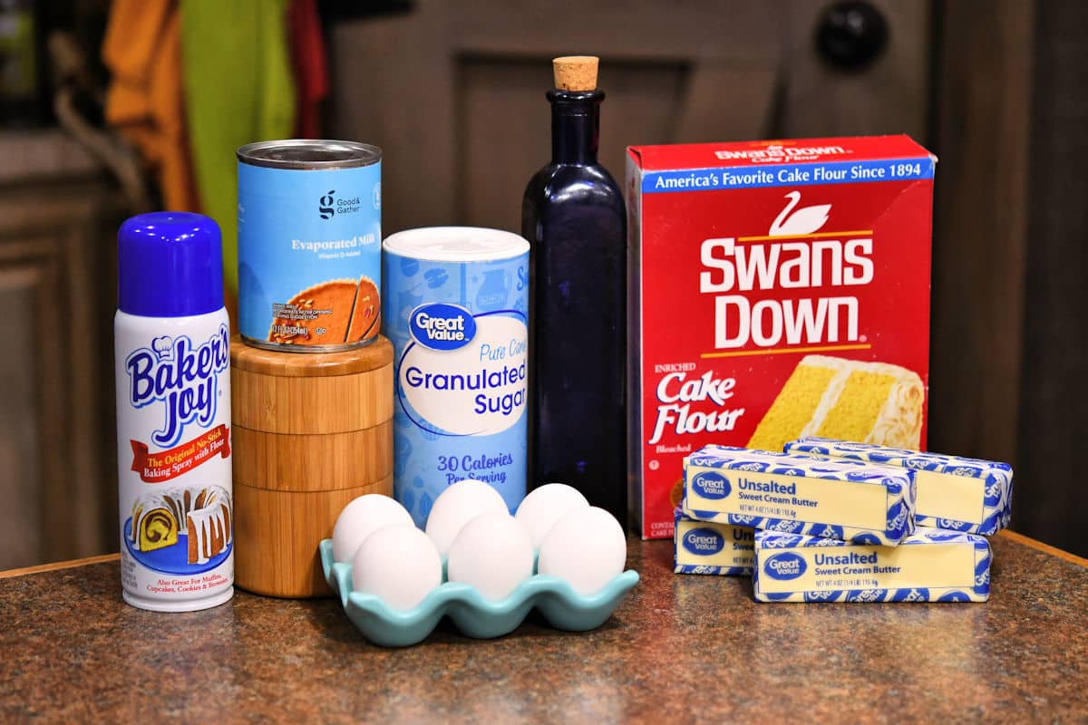 ingredients for classic pound cake on a countertop.