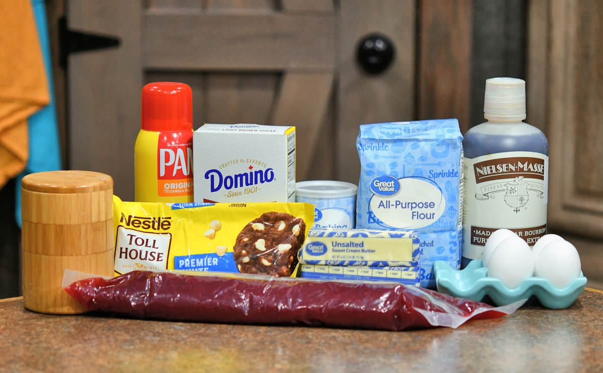 ingredients for raspberry white chocolate blondies on countertop.