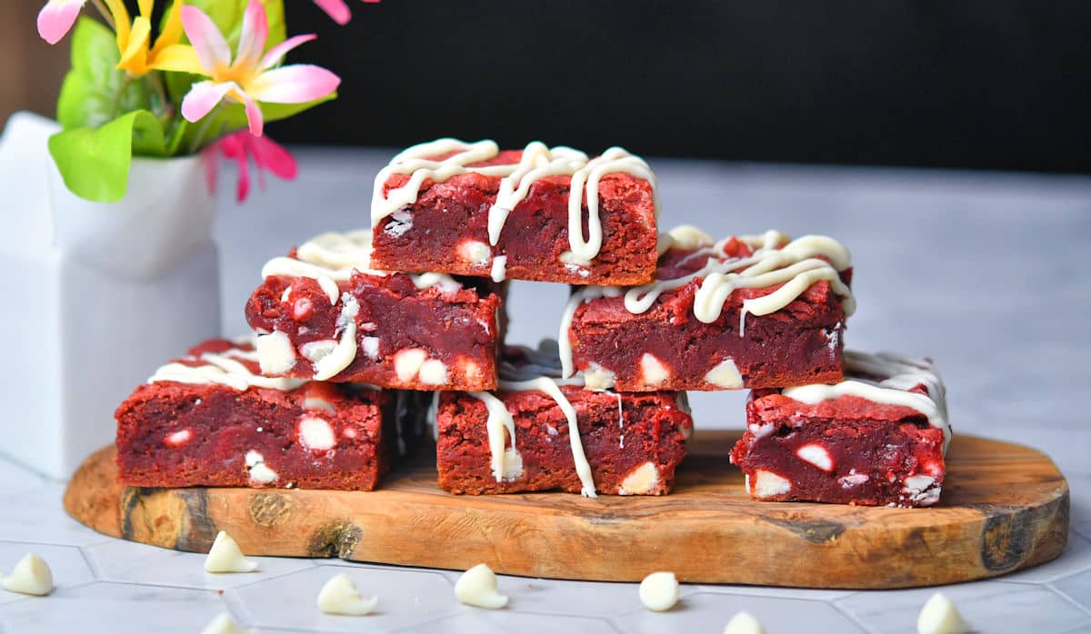 no dye red velvet brownies on an oval board