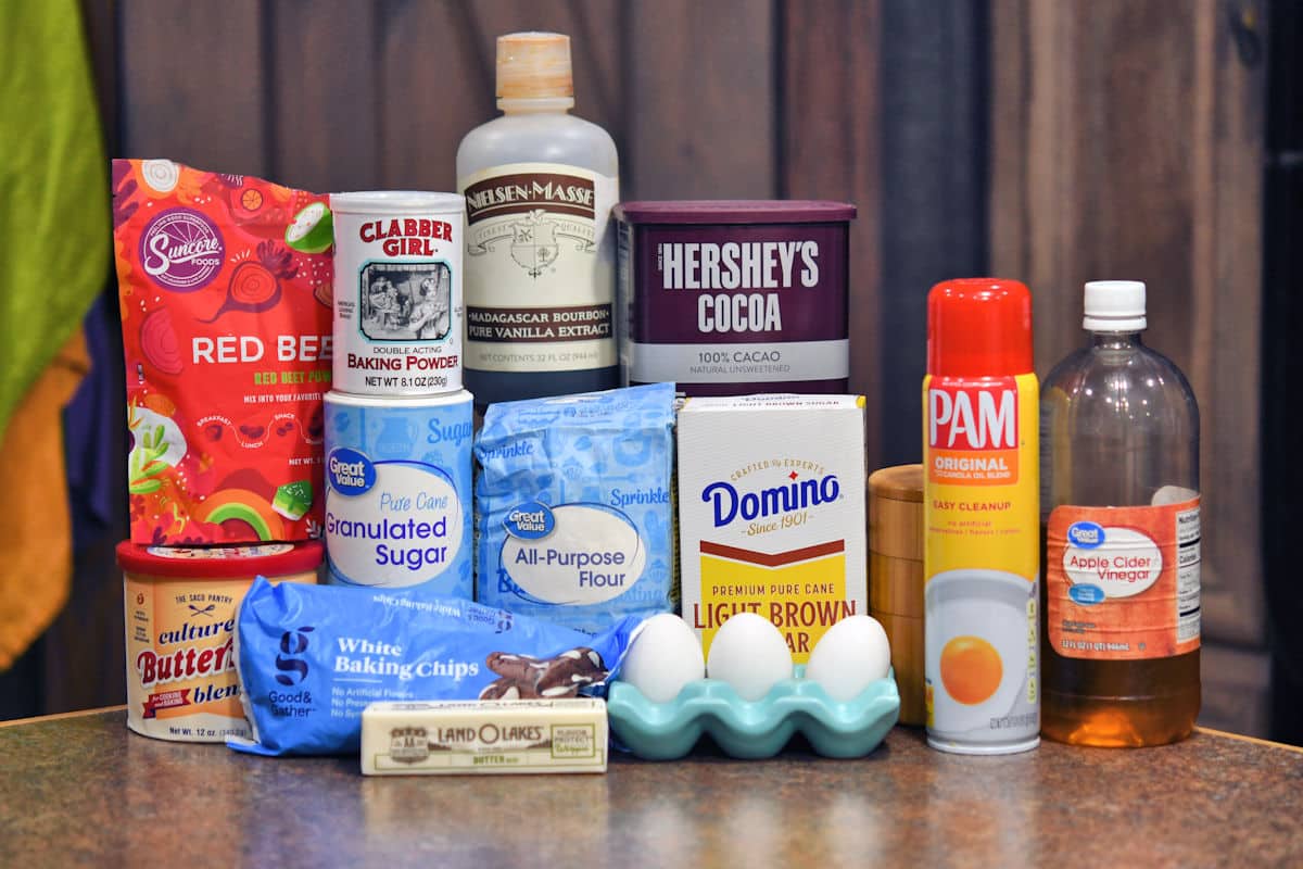 ingredients for no dye red velvet brownies on a countertop
