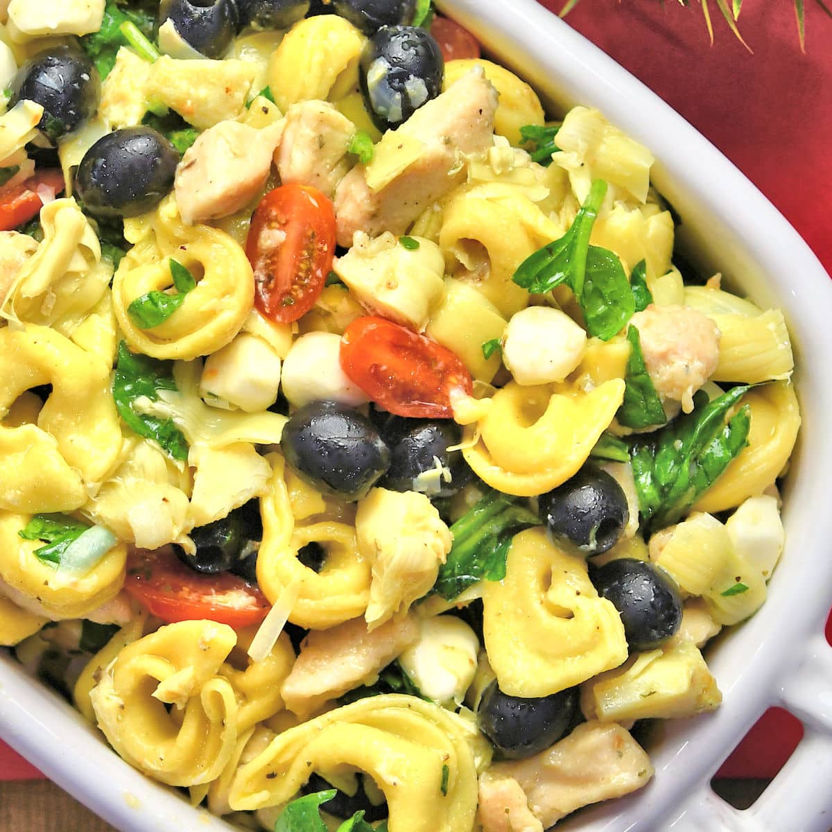 Chicken Tortellini Pasta Salad in a white ceramic bowl