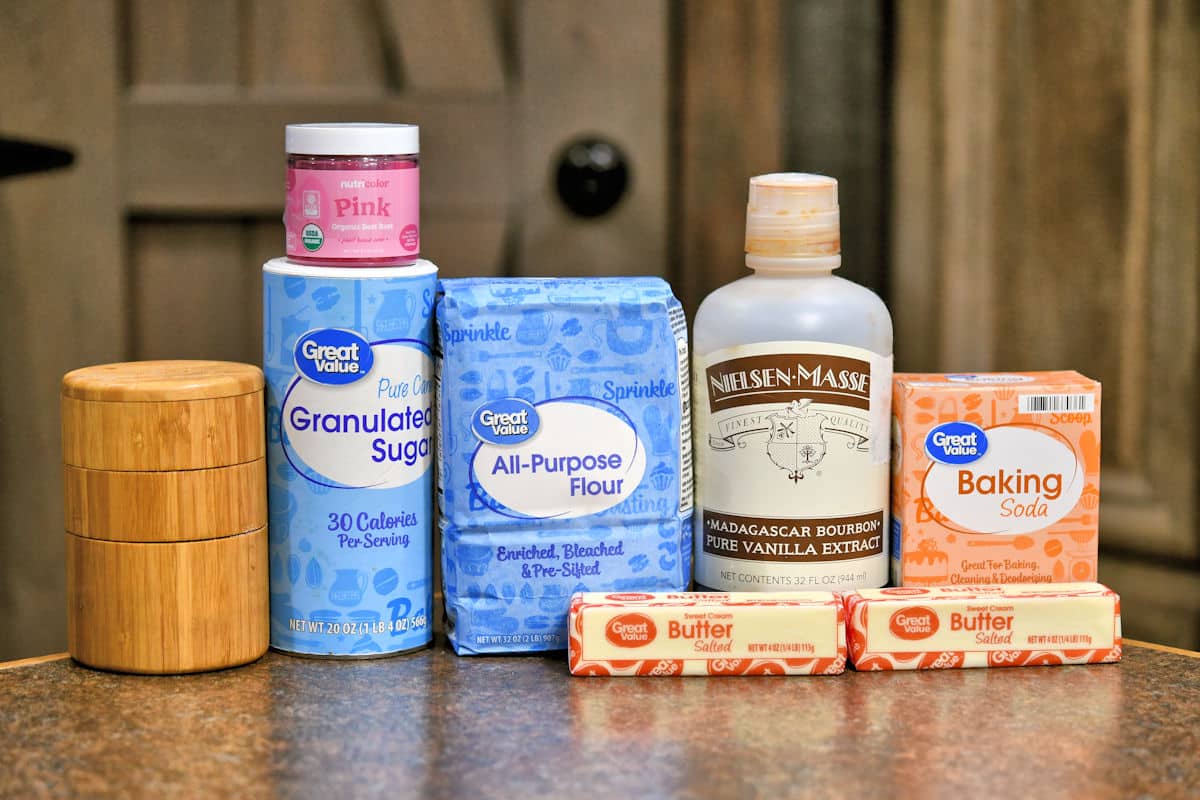 Mexican Pink cookies ingredients for dye free polvorones rosas displayed on a countertop