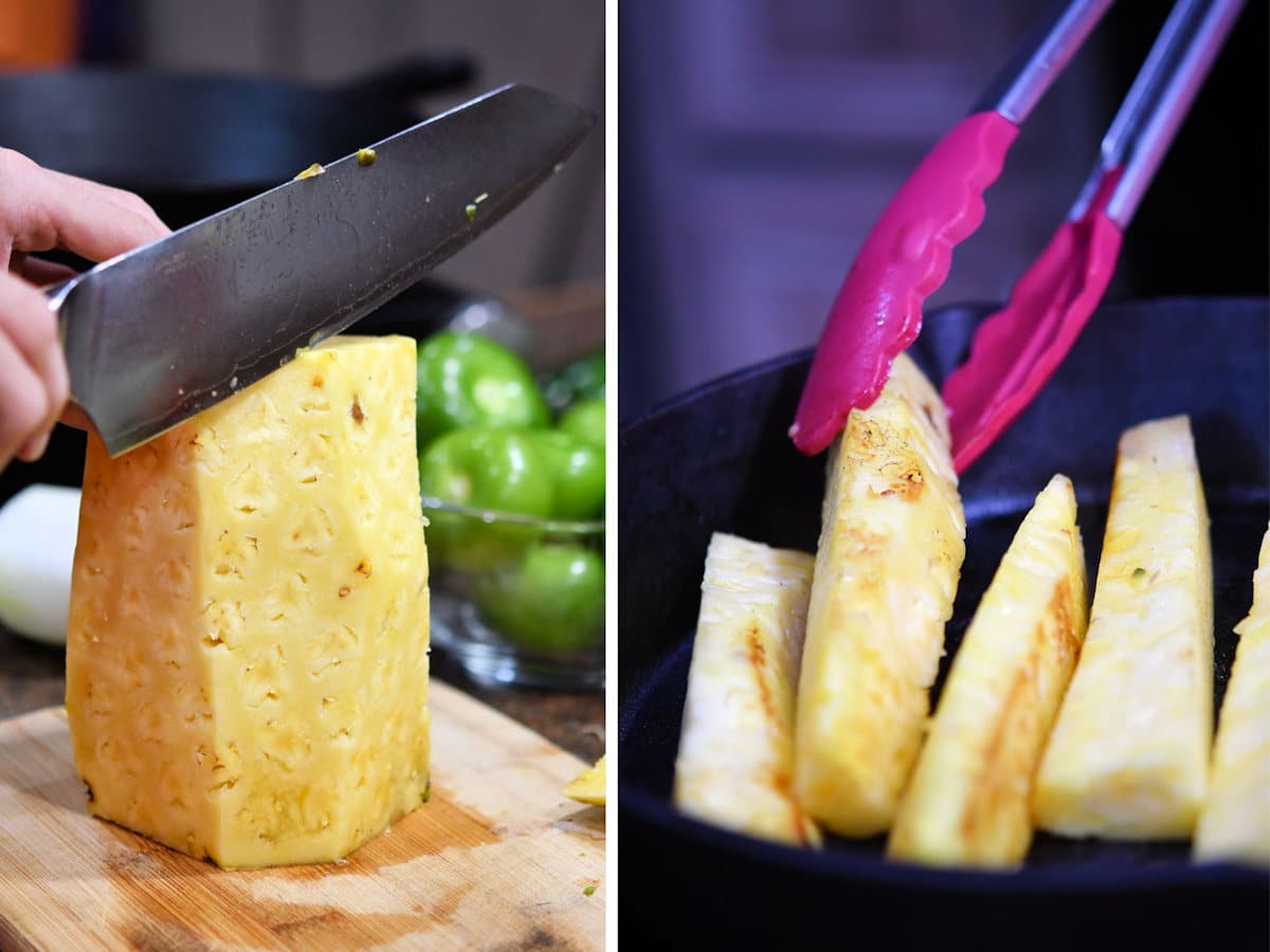 images showing how to cut the pineapple into wedges then lightly fry in iron skillet