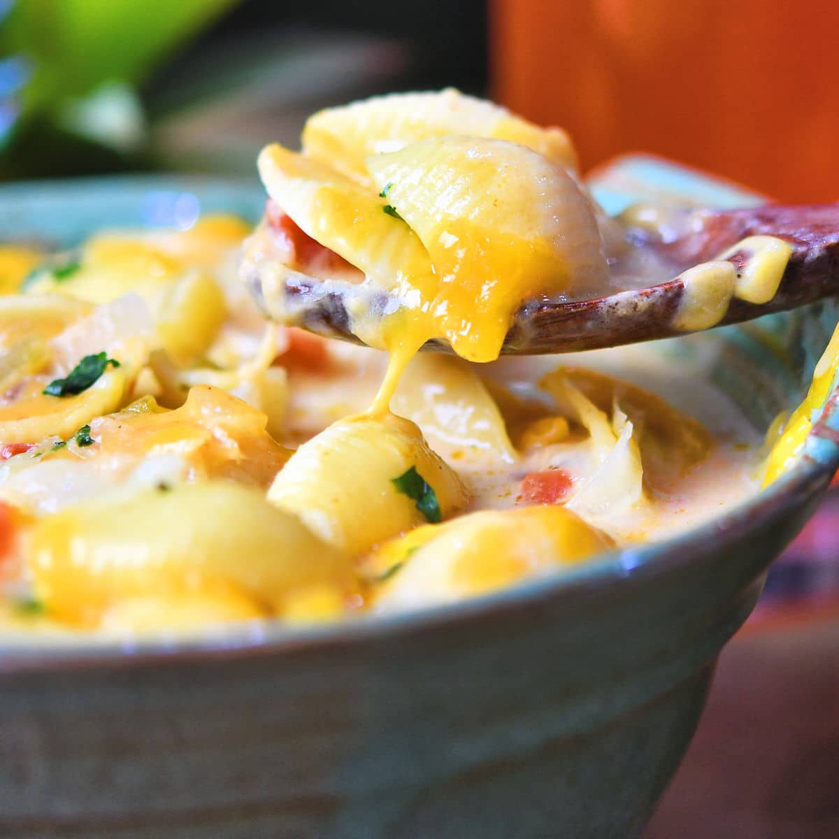closeup spoonful of green chiles and shell pasta soup