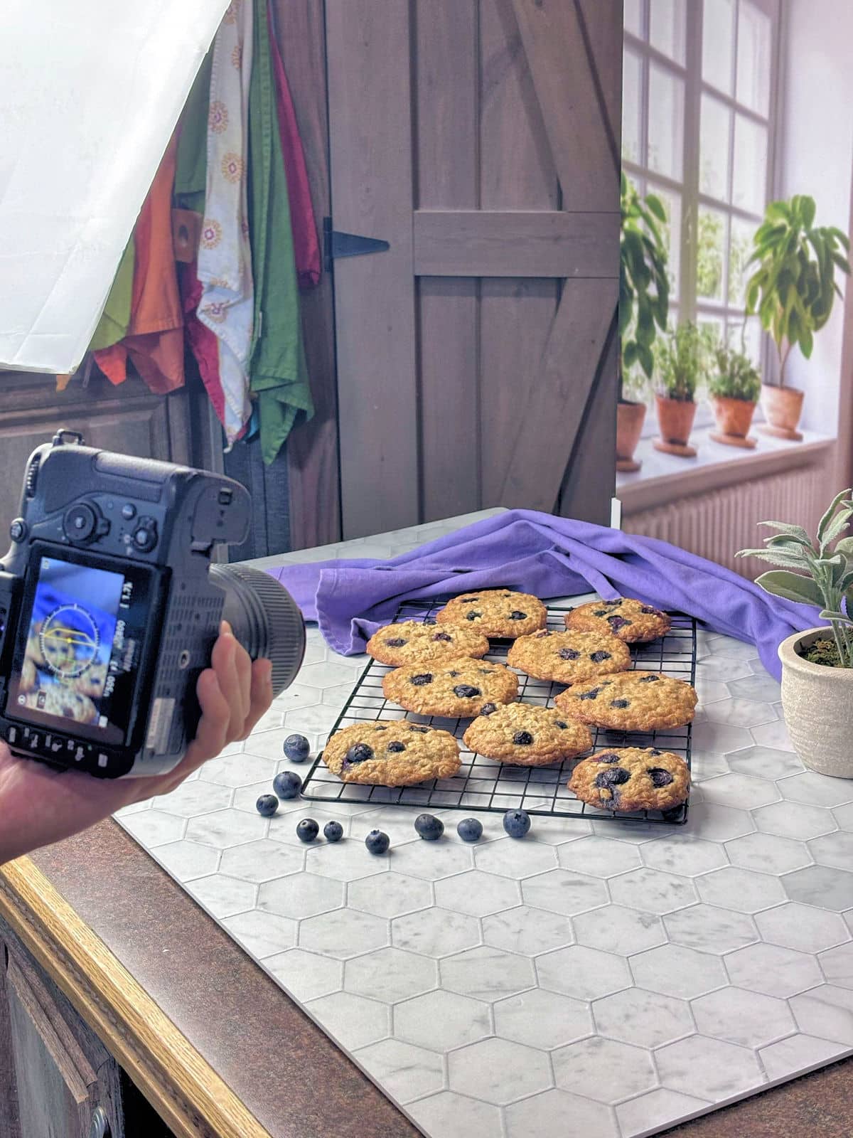 live action photo showing the photographer taking a photo of blueberry oatmeal cookies on a wire rack