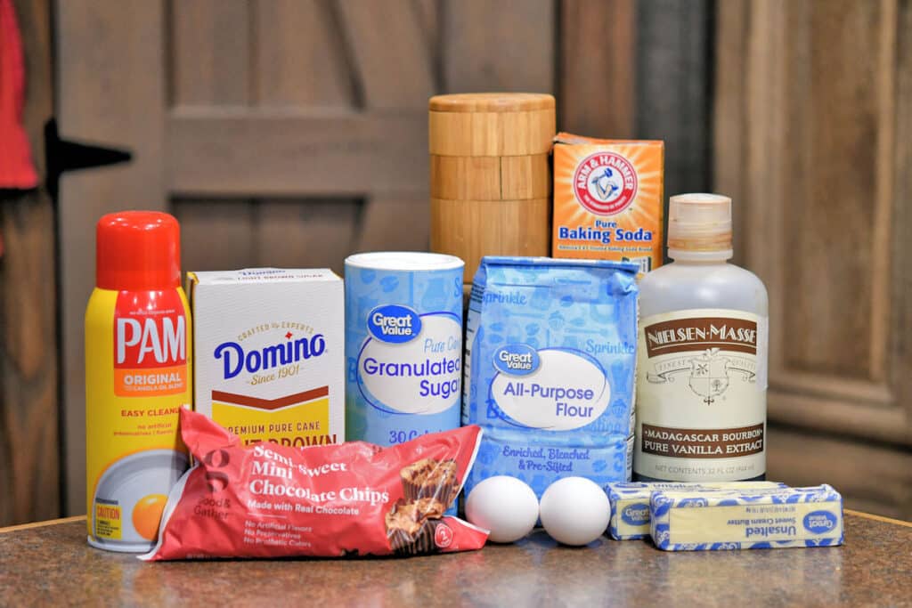 ingredients for chocolate chip cookie bars on a countertop